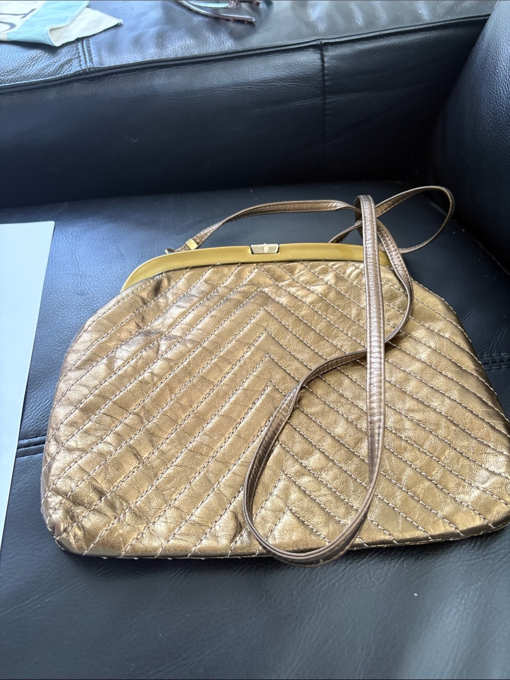 Vintage Leather chevron Quilted Evening Bag With Slim Leather Shoulder Stap - Picture 2 of 10